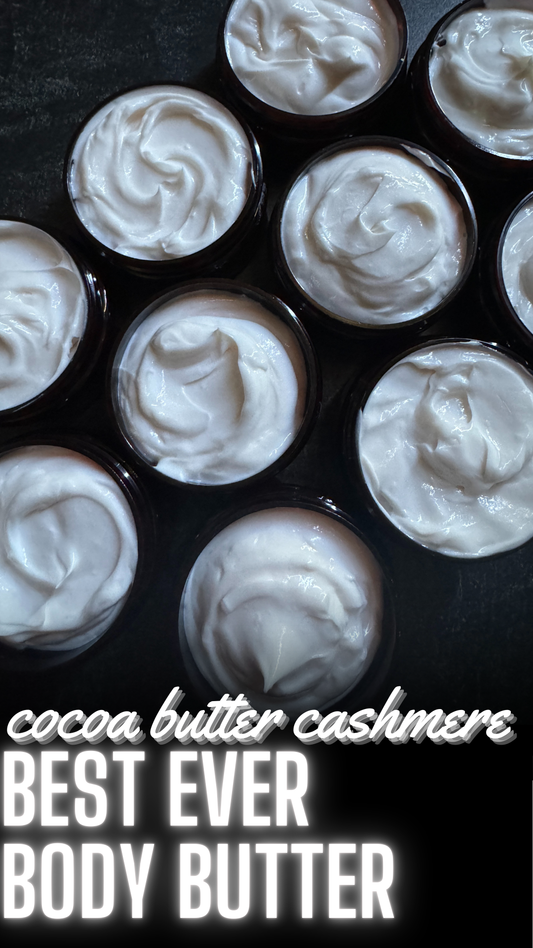 cocoa butter cashmere body butter in 2 oz amber pet jars