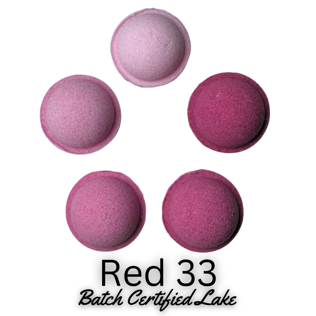 Five pink bath bomb domes arranged in a circle on a white background, with the text 'Red 33 Batch Certified Lake' below.